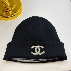 NEW Black Satin lined Beanie with (Silver) Pearl/Rhinestone Logo.